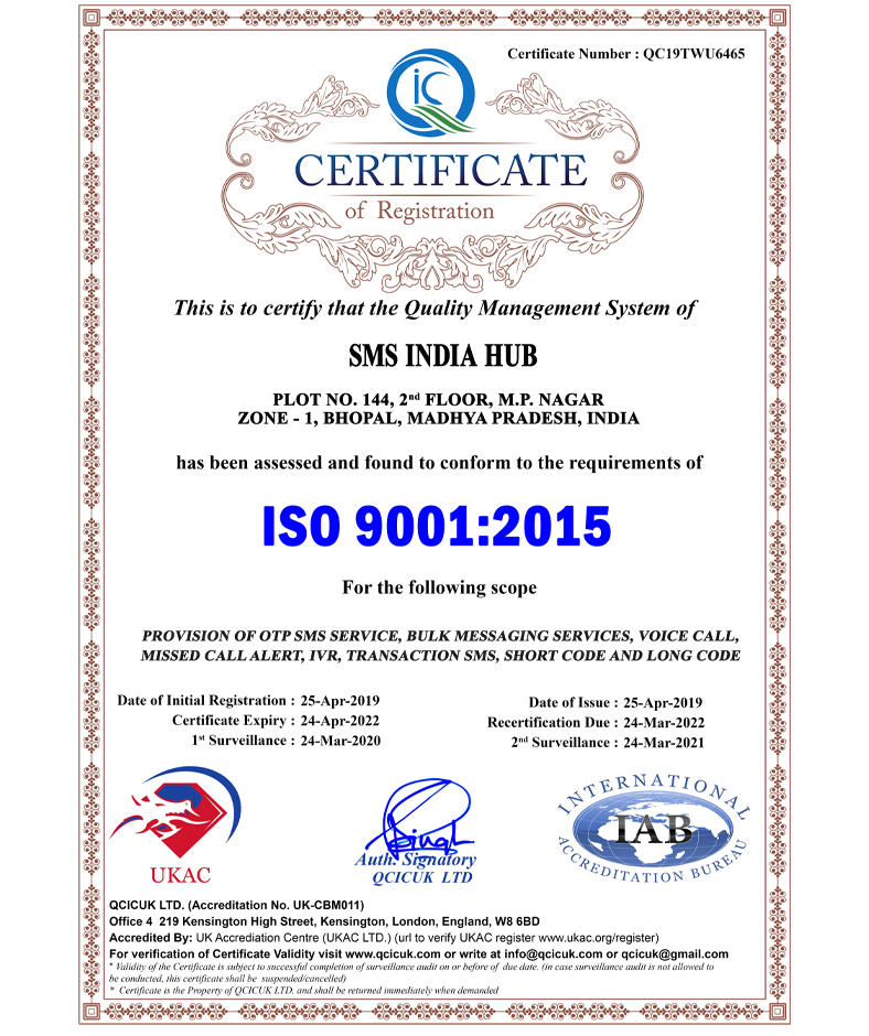 SMSINDIAHUB ISO Certified Company